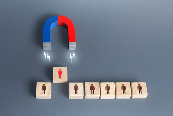 The magnet selects one person from the row. Finding the best recruiting candidate. Hiring and...
