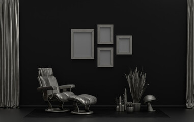 Interior room in plain monochrome black background and metallic silver color, 4 frames on the wall with furnitures and plants, for poster presentation, Gallery wall. 3D rendering