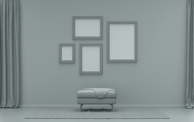 Interior room in plain monochrome ash gray color, 4 frames on the wall with middle ottoman puff without plants, for poster presentation, Gallery wall. 3D rendering - obrazy, fototapety, plakaty