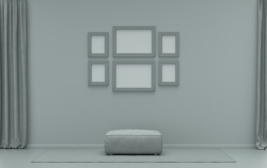 Poster frame background room in flat ash gray color with 6 frames on the wall, solid monochrome background for gallery wall mockup, 3d rendering