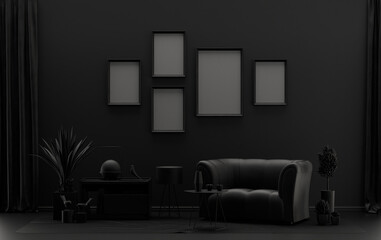 Single color monochrome black color interior room with furnitures and plants,  5 poster frames on the wall, 3D rendering