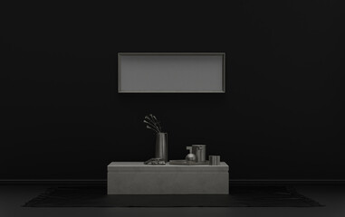 Single Frame Gallery Wall in black and metallic silver color monochrome flat room with middle ottoman puff without plants, 3d Rendering