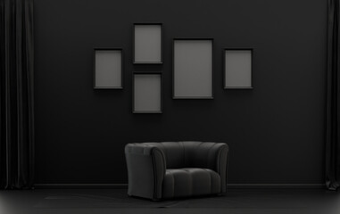 Single color monochrome black color interior room with single chair, without plant,  5 poster frames on the wall, 3D rendering