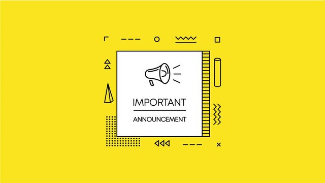 Geometry megaphone with important announcement speech bubble. Banner for business, marketing and advertising on yellow background. Motion graphic.