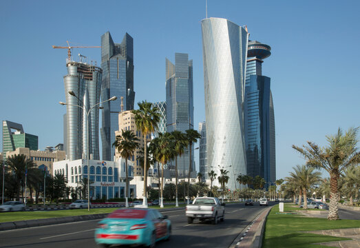 Road and skyscrapers of downtown Doha, Qatar