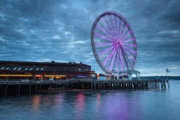 Wall murals City on the water Seattle great wheel and waterfront at dusk, Seattle, Washington State, USA