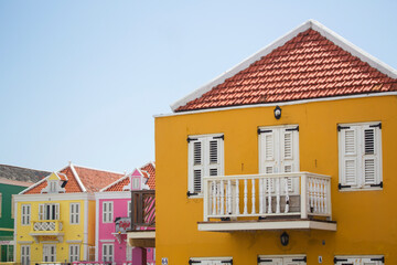 Pink and yellow painted houses, Punda, Willemstad, Curacao, Caribbean