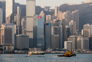 Dawn over Hong Kong Central skyline, Avenue of Stars, Kowloon, Hong Kong, China