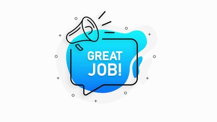 Great job of marketing design badge with loudspeaker blue color on white background. Motion graphic.