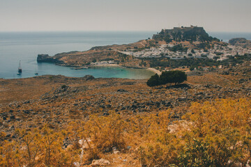 Panorama of the city of Lindos, a greek Gem on Rhodes island on a warm summer day.