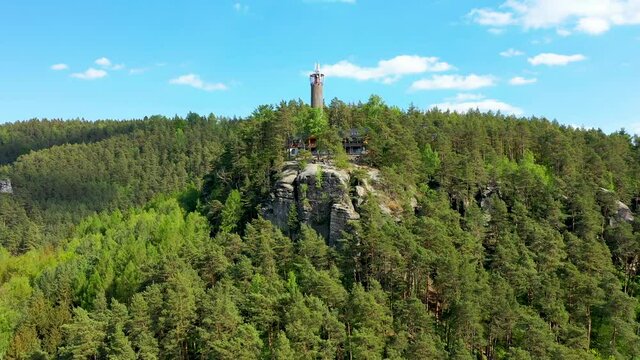 Aerial view of Sloup Castle in Northern Bohemia, Czechia. Sloup rock castle in the small town of Sloup v Cechach, in the Liberec Region, north Bohemia, Czech Republic.