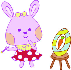 A cute pink bunny girl painting an easter egg.