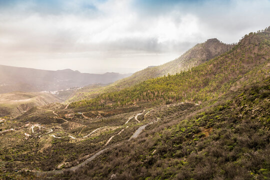 Mountainous landscape with rural roads, high angle view, San Bartolome de Tirajana, Canary Islands, Spain