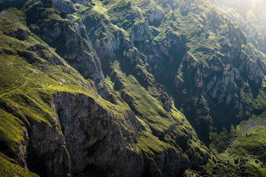 Rugged landscape near Fuente De in national reserve Parque National de los Picos de Europa, Potes, Cantabria, Spain