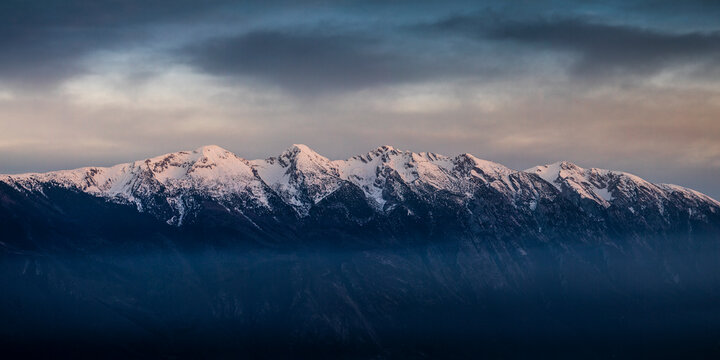 Mountain range at the east coast of Lake Garda with mountain Monte Baldo, Limone sul Garda, Lombardia, Italy