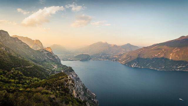 Lake Garda at sunset. Shot from near mountain village Pregasina. View north onto Riva del Garda and Torbole,  Lombardia, Italy