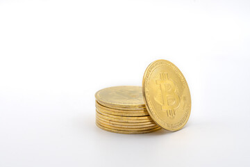 Business , Money, Technology and  cryptocurrency Concept. Closeup of gold bitcoin coins isolated on white background.