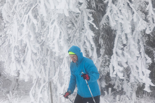 Mature man cross country skiing in forest