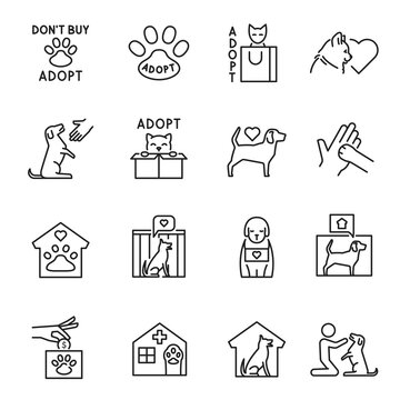 Collection of outline animal shelter icon vector illustration cat and dog help donation adoption