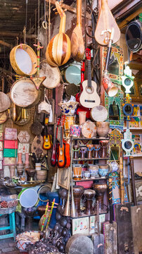 Shop full of traditional musical instruments, Marrakech, Morocco