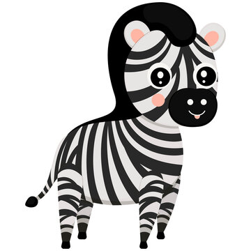 Cute little smiling cartoon zebra isolated on white background. African striped horse for children`s print and graphic design. Vector.