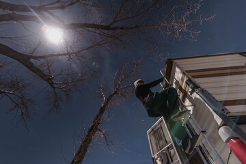 Woman climbing steps on campervan, bare trees in background