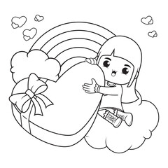 Coloring book cute girl holding a heart