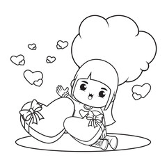 Coloring book cute girl holding a heart