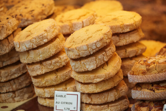Stacked fresh french biscuits, close up, Annecy, Rhone-Alpes, France