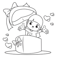 Coloring book cute girl holding a heart