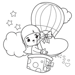 Coloring book cute girl holding a heart