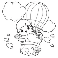 Coloring book cute girl holding a heart
