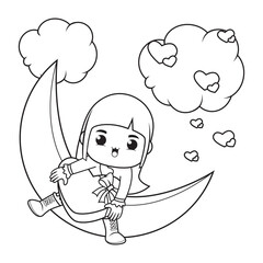 Coloring book cute girl holding a heart