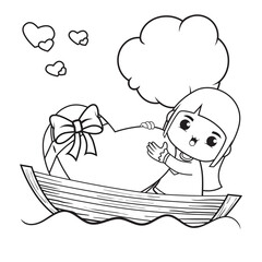 Coloring book cute girl holding a heart