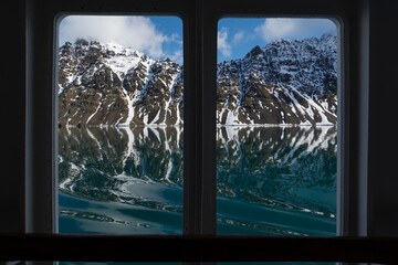 Lilliehook Glacier through Ocean Adventurer ship window, Spitsbergen, Svalbard Islands, Norway
