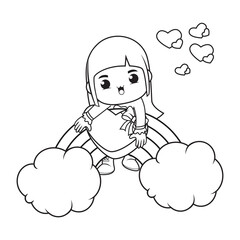 Coloring book cute girl holding a heart