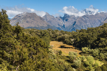 view of Darran Mountains peaks from Routeburn Track in Fiordland National Park, Southern Alps, New Zealand