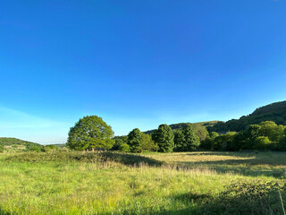 Rural scene, late afternoon, with meadows, and fields, set against a vivid blue sky near, Bradford, Yorkshire, UK