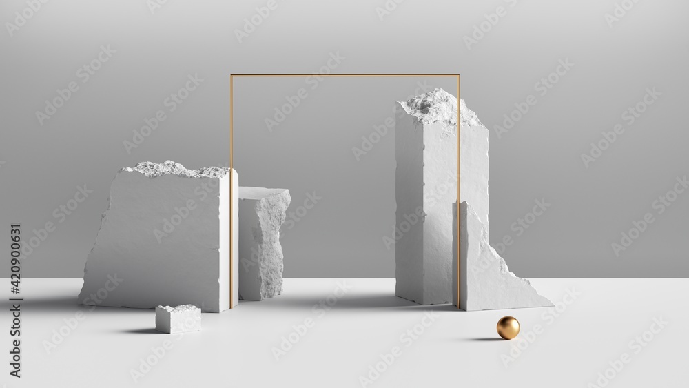 Poster 3d render, abstract white background with white cobblestone blocks, golden square frame and small ba