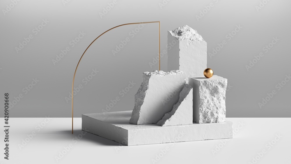 Poster 3d render, abstract background with white cobblestone blocks and golden arch. modern minimal install