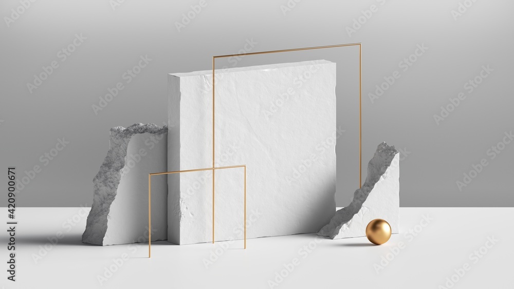 Poster 3d render, abstract background with white concrete blocks and golden square frames. modern minimal i