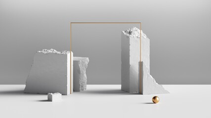 3d render, abstract white background with white cobblestone blocks, golden square frame and small ball. Modern minimal showcase for product display