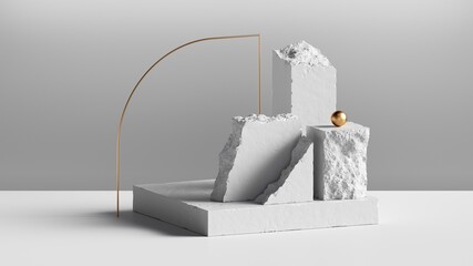 3d render, abstract background with white cobblestone blocks and golden arch. Modern minimal installation, showcase scene for product presentation