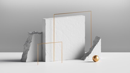 3d render, abstract background with white concrete blocks and golden square frames. Modern minimal installation, showcase scene for product presentation