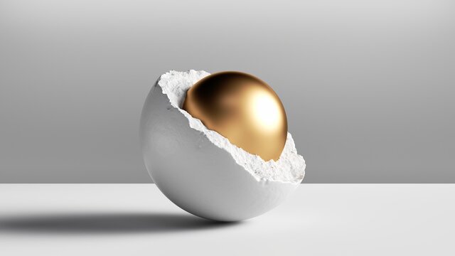 3d render, abstract modern minimal background with golden ball inside the broken white stone hemisphere