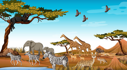 Gruppe wilder afrikanischer Tiere in der Waldszene © blueringmedia