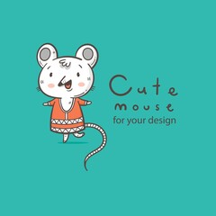 Vector card with  cute cartoon mouse in dress. Doodle animal poster. Funny fashion print. Childrens contour illustration.