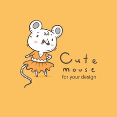 Vector card with  cute cartoon mouse in dress. Doodle animal poster. Funny fashion print. Childrens contour illustration.