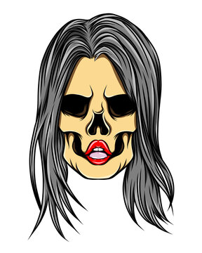 The hand drawn of the girl skull with the straight long hair