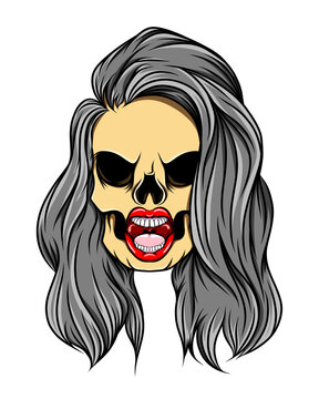 The hand drawn of the gloomy girl skull with the under cut long hair